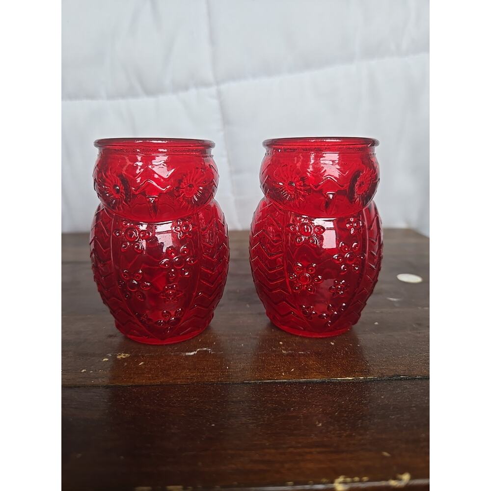 Pair of Ruby Red Owl Flash Shot Glass Toothpick Jars Small Vase 3 in